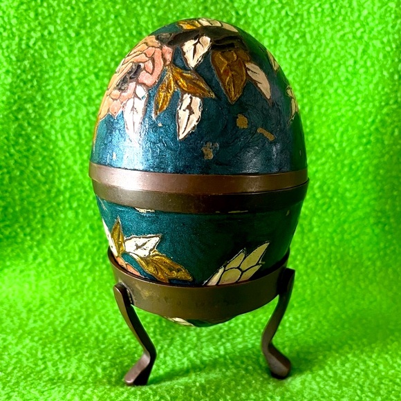 Vintage Brass Cloisonne Egg Trinket Holder on
Brass Stand - Picture 1 of 8